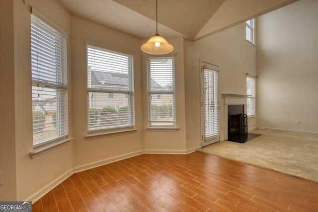 unfurnished living room featuring lofted ceiling, a wealth of natural light, and wood-type flooring