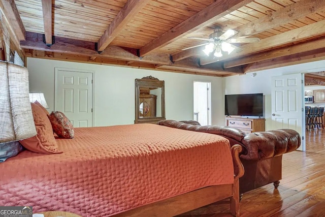 bedroom featuring ceiling fan, wood ceiling, beamed ceiling, and hardwood / wood-style flooring