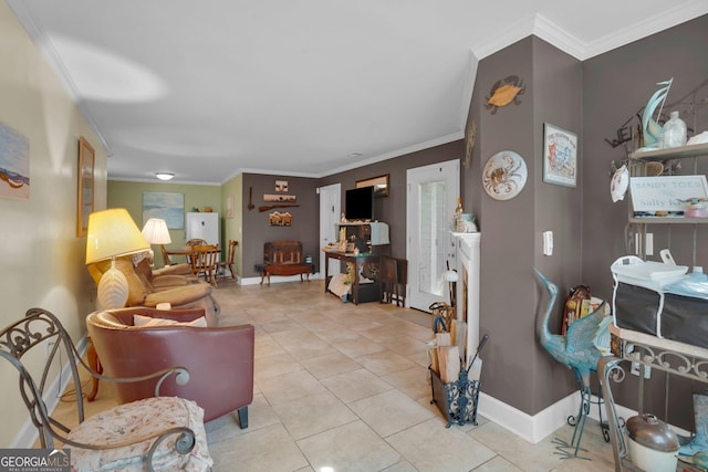 living room featuring crown molding and light tile patterned flooring