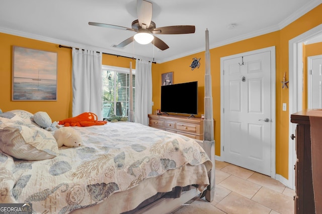 bedroom with light tile patterned floors, ornamental molding, and ceiling fan