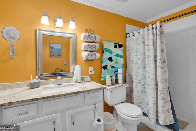 bathroom with crown molding, vanity, toilet, and a shower with shower curtain