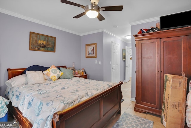 tiled bedroom featuring crown molding and ceiling fan