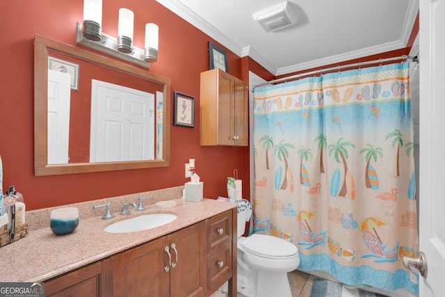 bathroom with vanity, toilet, crown molding, tile patterned floors, and a shower with curtain