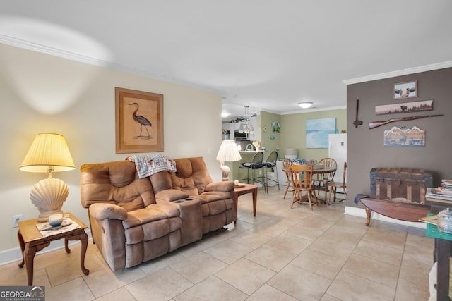 tiled living room featuring ornamental molding