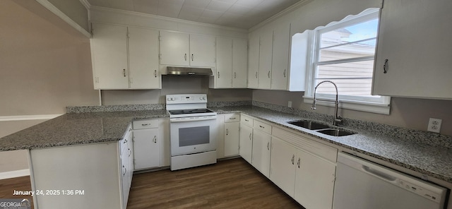 kitchen with white appliances, kitchen peninsula, sink, and white cabinets