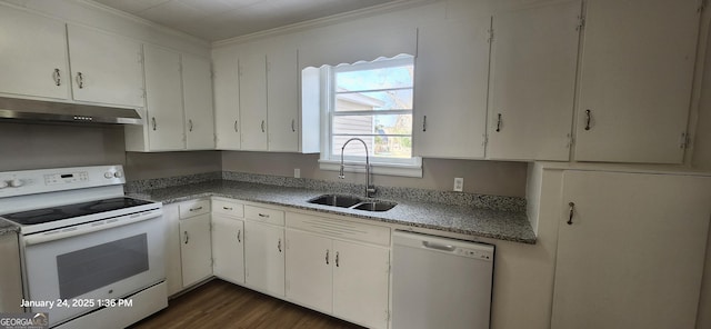 kitchen featuring sink, white cabinetry, crown molding, dishwasher, and white range with electric stovetop