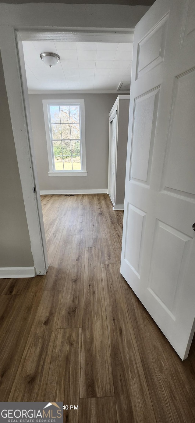 corridor with dark hardwood / wood-style flooring