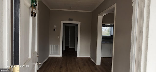 corridor with dark hardwood / wood-style flooring and crown molding