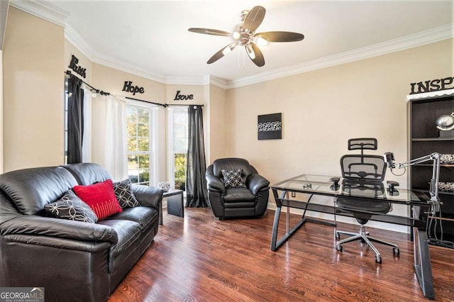 office area featuring a ceiling fan, crown molding, and wood finished floors