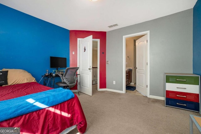 bedroom featuring carpet floors, visible vents, and baseboards