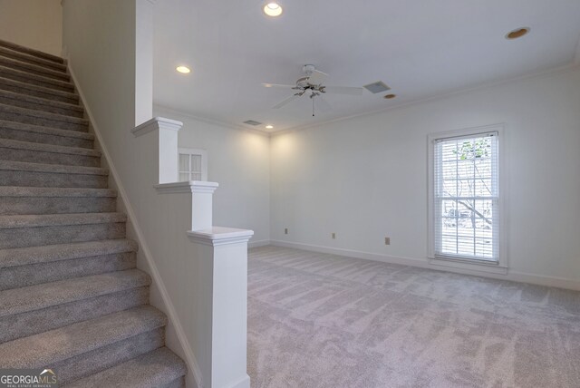 bathroom with ornamental molding, an enclosed shower, tile patterned flooring, and vanity