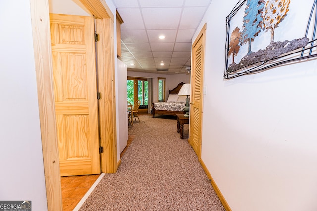 hallway with a drop ceiling and light colored carpet