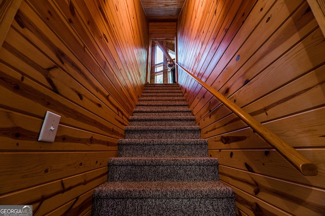 staircase with wooden walls