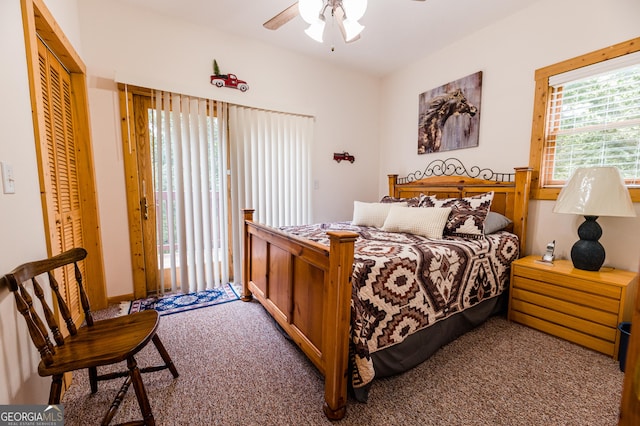 bedroom featuring carpet, ceiling fan, and a closet