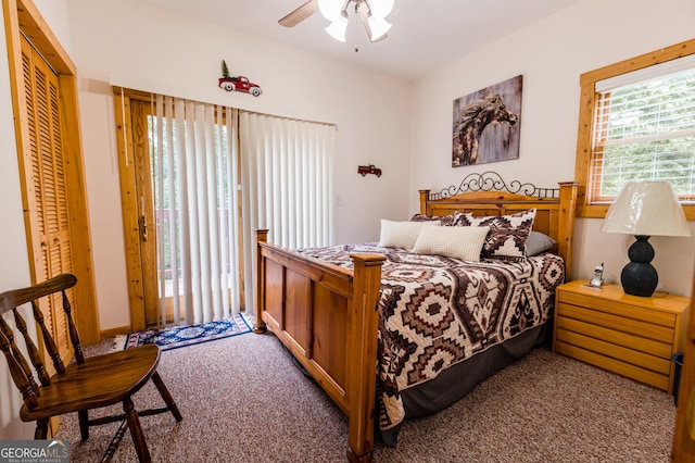 bedroom featuring a closet, ceiling fan, and carpet