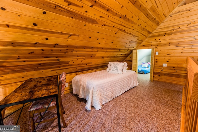 carpeted bedroom with wood ceiling and lofted ceiling