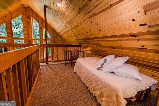 bedroom featuring wooden walls, carpet flooring, vaulted ceiling, and wooden ceiling