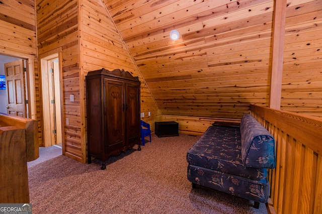 living area featuring vaulted ceiling, carpet, wooden ceiling, and wooden walls