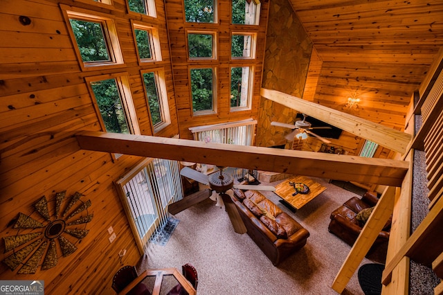 stairway featuring wood ceiling, wooden walls, and carpet floors