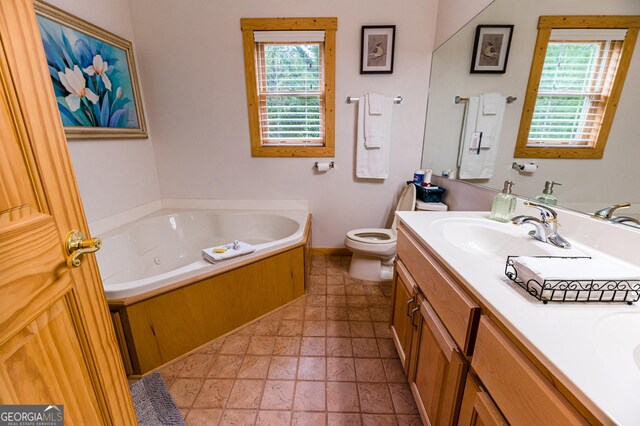 bathroom with vanity, plenty of natural light, a bathing tub, and toilet