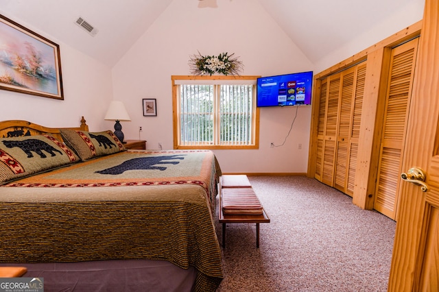 bedroom featuring lofted ceiling, carpet flooring, and a closet