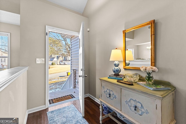 foyer entrance featuring vaulted ceiling and dark hardwood / wood-style flooring