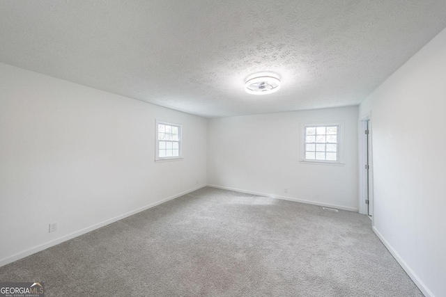 empty room featuring a healthy amount of sunlight, carpet, and a textured ceiling