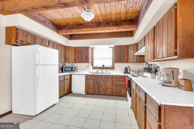 kitchen featuring light tile patterned floors, wood ceiling, white appliances, sink, and beamed ceiling