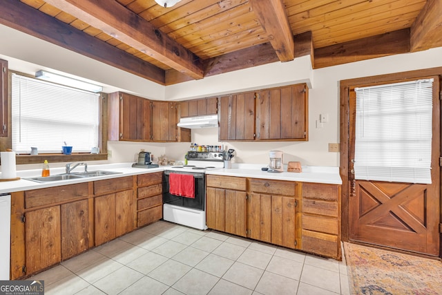 kitchen featuring sink, light tile patterned floors, wooden ceiling, white appliances, and beam ceiling