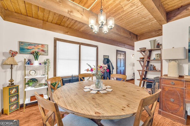 dining space featuring beam ceiling, wooden ceiling, a chandelier, and light wood-type flooring