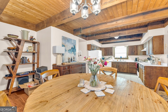 dining area with sink, wood ceiling, a chandelier, beamed ceiling, and light wood-type flooring