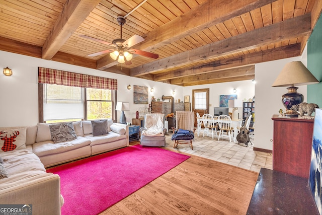 living room featuring beamed ceiling, ceiling fan, wooden ceiling, and light wood-type flooring