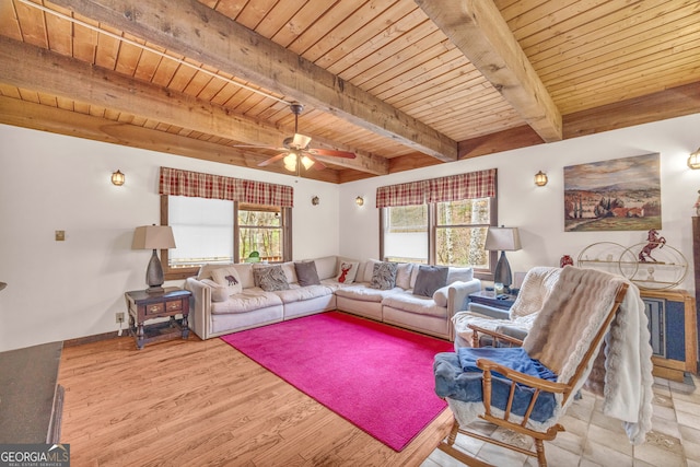 living room with plenty of natural light, beam ceiling, and wooden ceiling