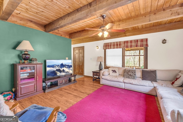 living room with beam ceiling, wood-type flooring, wooden ceiling, and ceiling fan