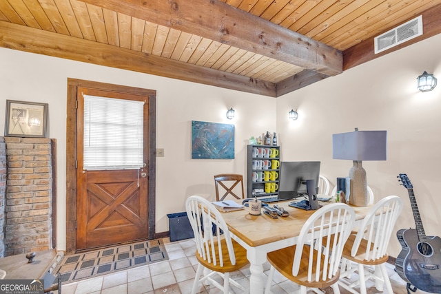 home office featuring wood ceiling, beam ceiling, and light tile patterned floors