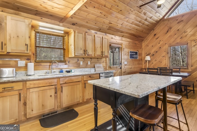 211 Highland Forest Dr, Morganton, GA 30560 - kitchen featuring a sink, light wood-style floors, light brown cabinets, wood walls, and wood ceiling