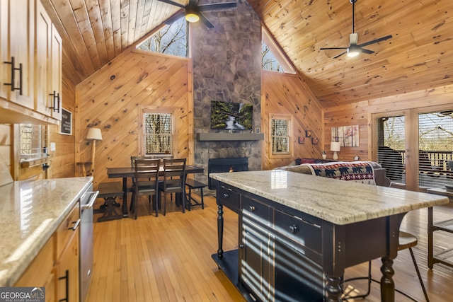 kitchen with ceiling fan, wood ceiling, high vaulted ceiling, and light hardwood / wood-style flooring