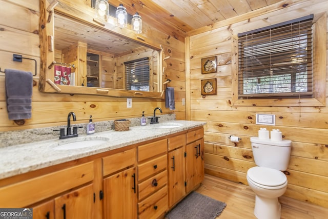 bathroom featuring wood ceiling, wood-type flooring, and wood walls