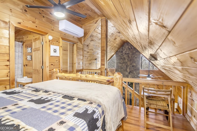 bedroom featuring lofted ceiling, a wall mounted AC, wood ceiling, and wooden walls