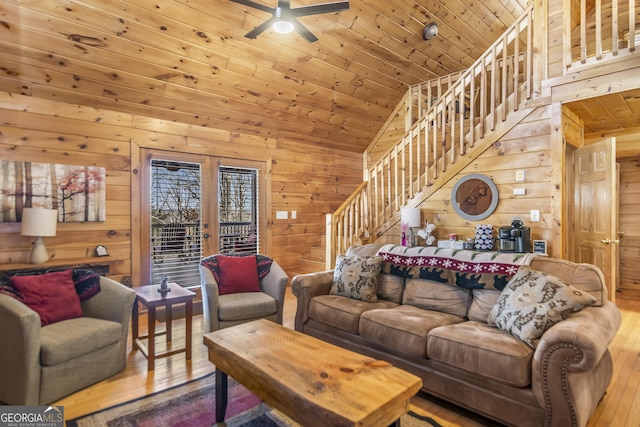 211 Highland Forest Dr, Morganton, GA 30560 - living room featuring wood ceiling, wooden walls, hardwood / wood-style floors, and stairway