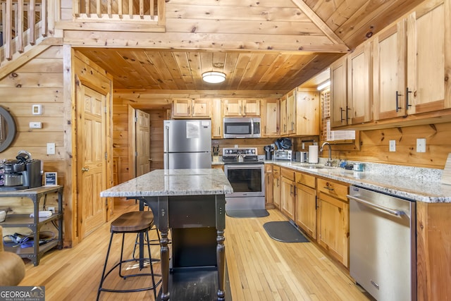 kitchen with stainless steel appliances, a center island, wooden ceiling, and wood walls