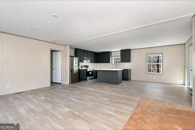 kitchen with stainless steel appliances, a kitchen island, sink, and light hardwood / wood-style floors