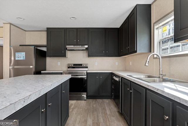 kitchen with appliances with stainless steel finishes, sink, and light hardwood / wood-style floors