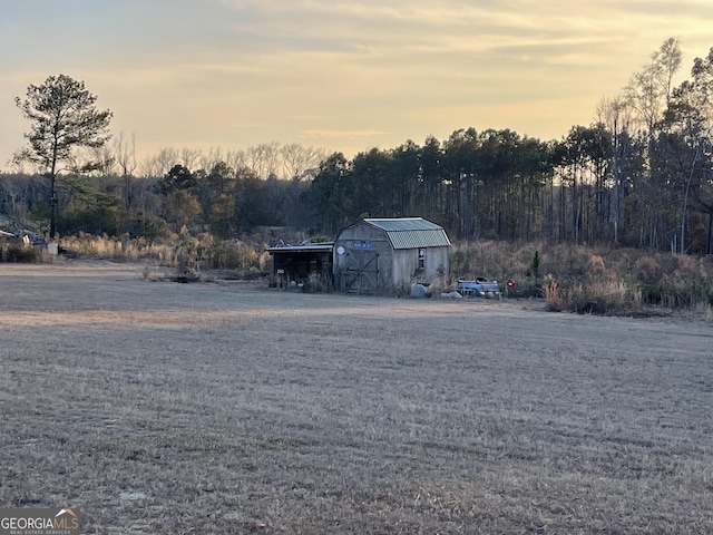 yard at dusk with an outbuilding