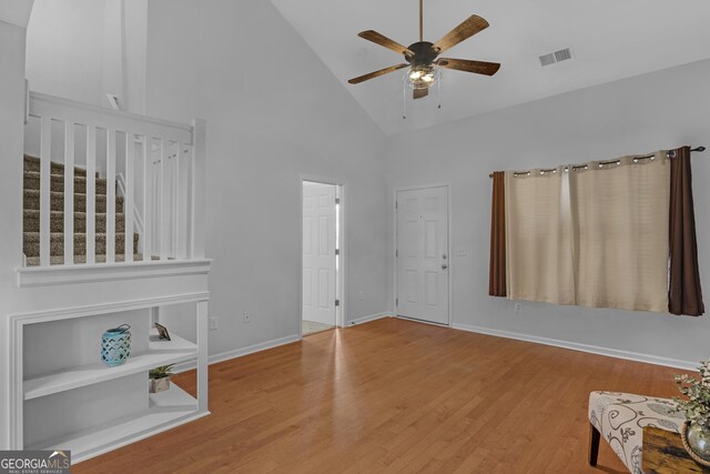 172 Sonata Cir, Pooler, GA 31322 - interior space with high vaulted ceiling, a ceiling fan, wood finished floors, and stairway