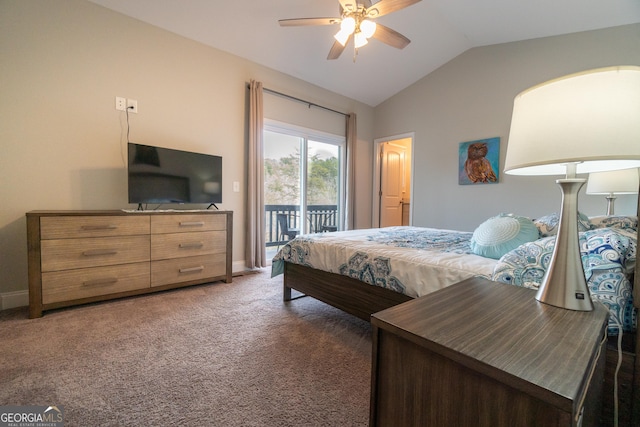 carpeted bedroom featuring vaulted ceiling, access to outside, and ceiling fan