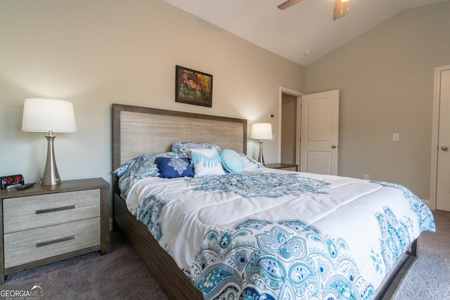 carpeted bedroom featuring lofted ceiling and ceiling fan