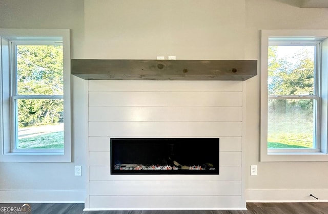 room details with hardwood / wood-style flooring, a fireplace, and custom exhaust hood