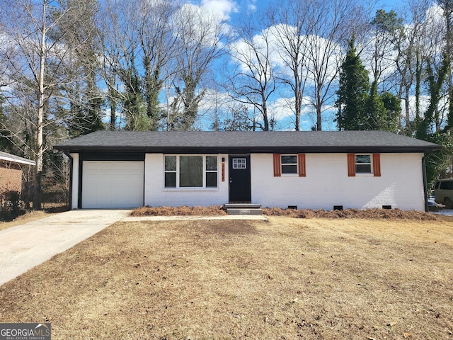 single story home with a garage and a front lawn