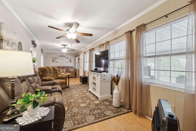 living room featuring crown molding, light hardwood / wood-style floors, and ceiling fan